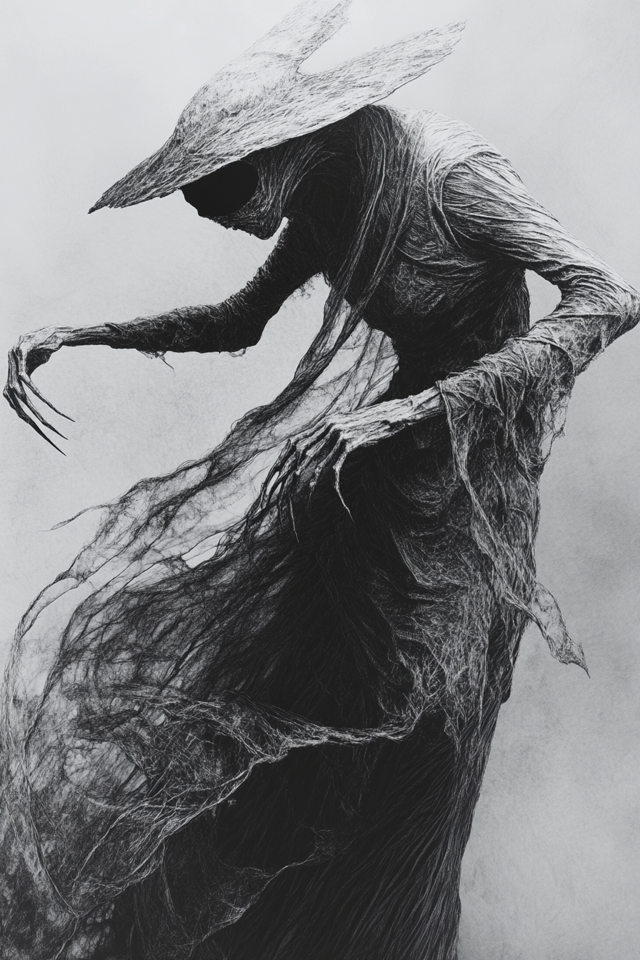 Scary female witch creature in dark soul style pose.