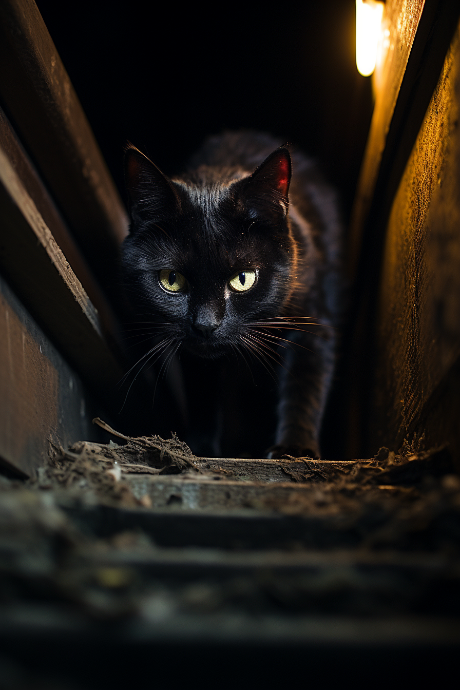 Scary horror scene with black cat crawling stairs.