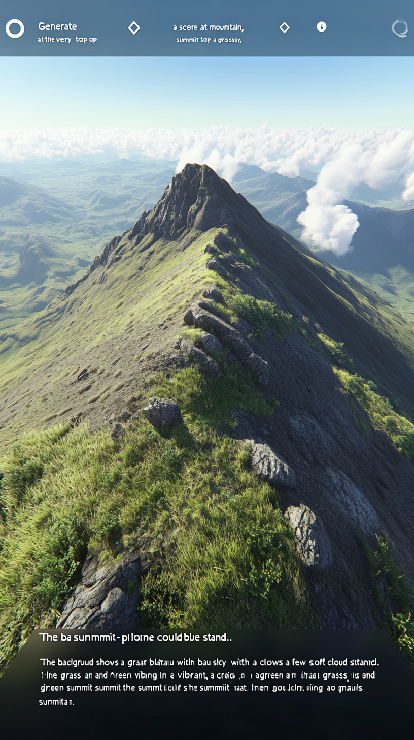 Scene at mountain top with grassy plateau, clear sky.