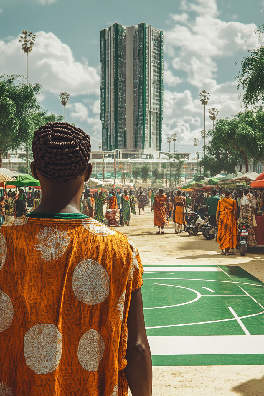 Scene in Abuja with basketball court and traditional clothing.