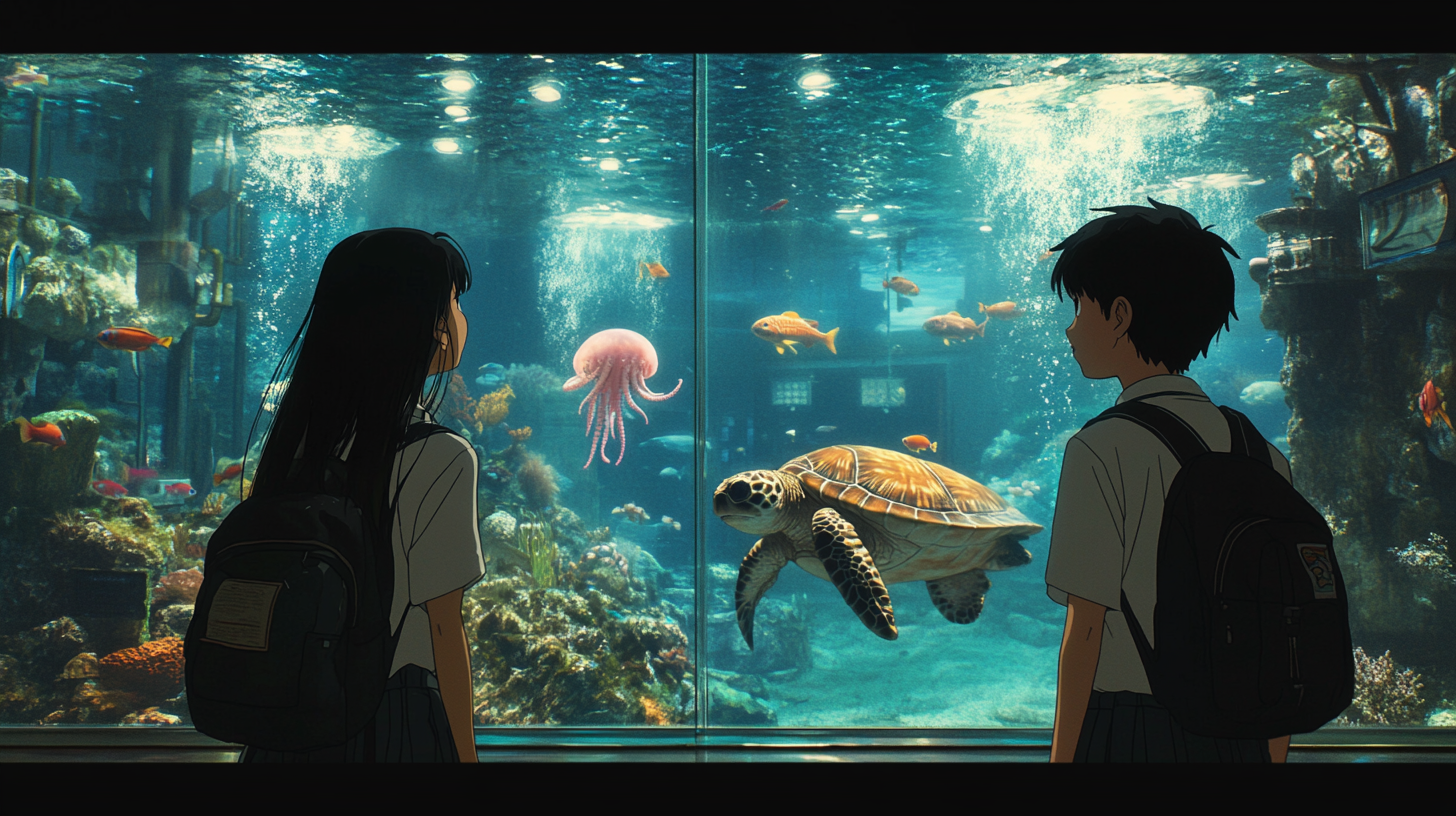 Scene in aquarium at night, girl and boy curious.