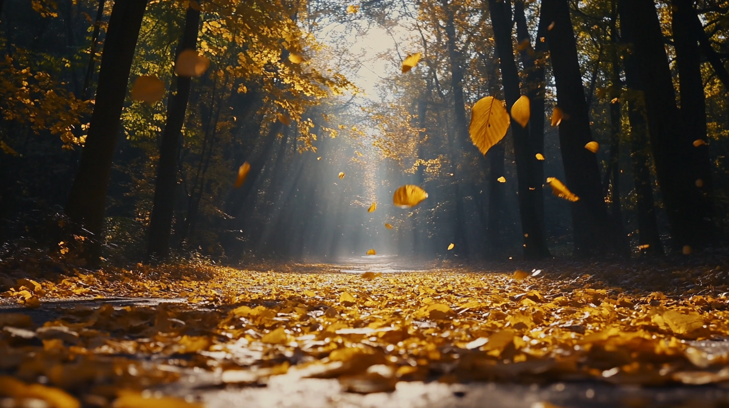 Scene in vast forest; leaves fall, stream flows nostalgically.