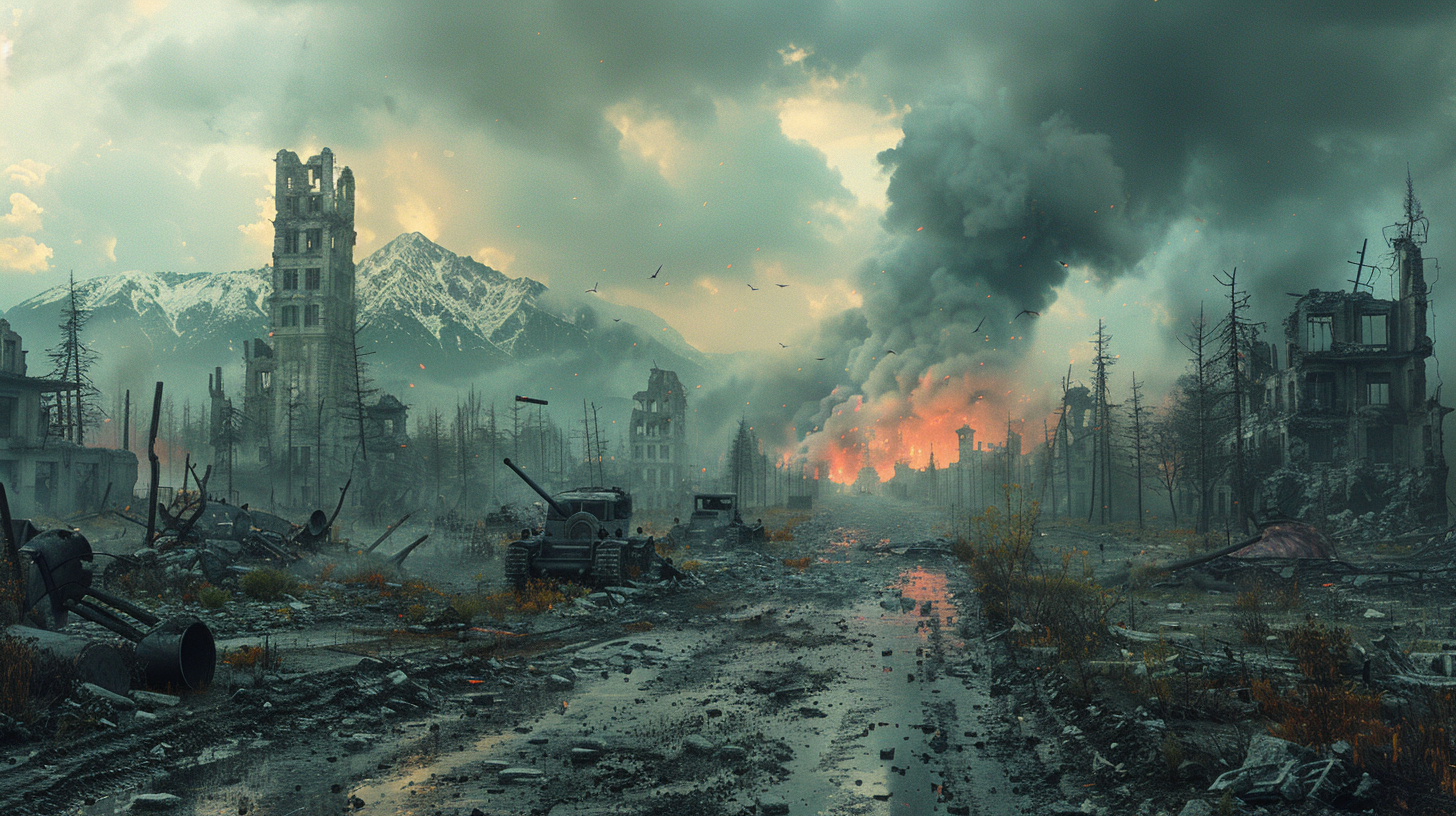 Scene of destruction with smoke, debris, and wrecked vehicles.