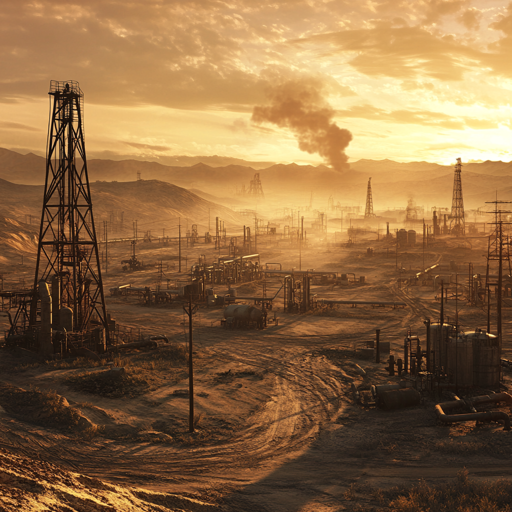 Scene of mature oil field at sunset, dusty landscape.