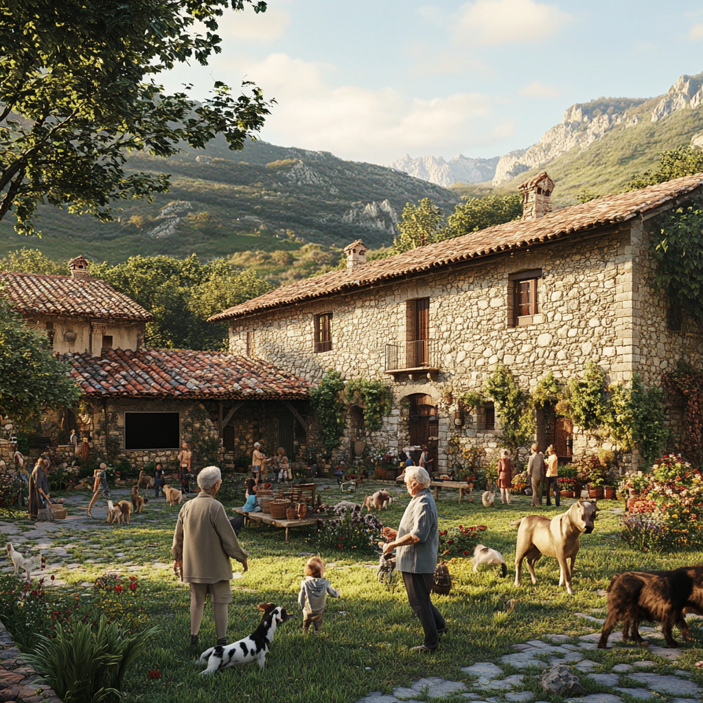 Scene of realistic rural garden with animals, elderly, children.