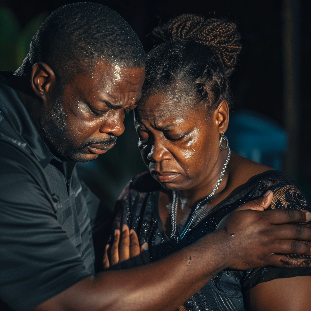 Scene with Gloria grieving brother's death, husband comforts.