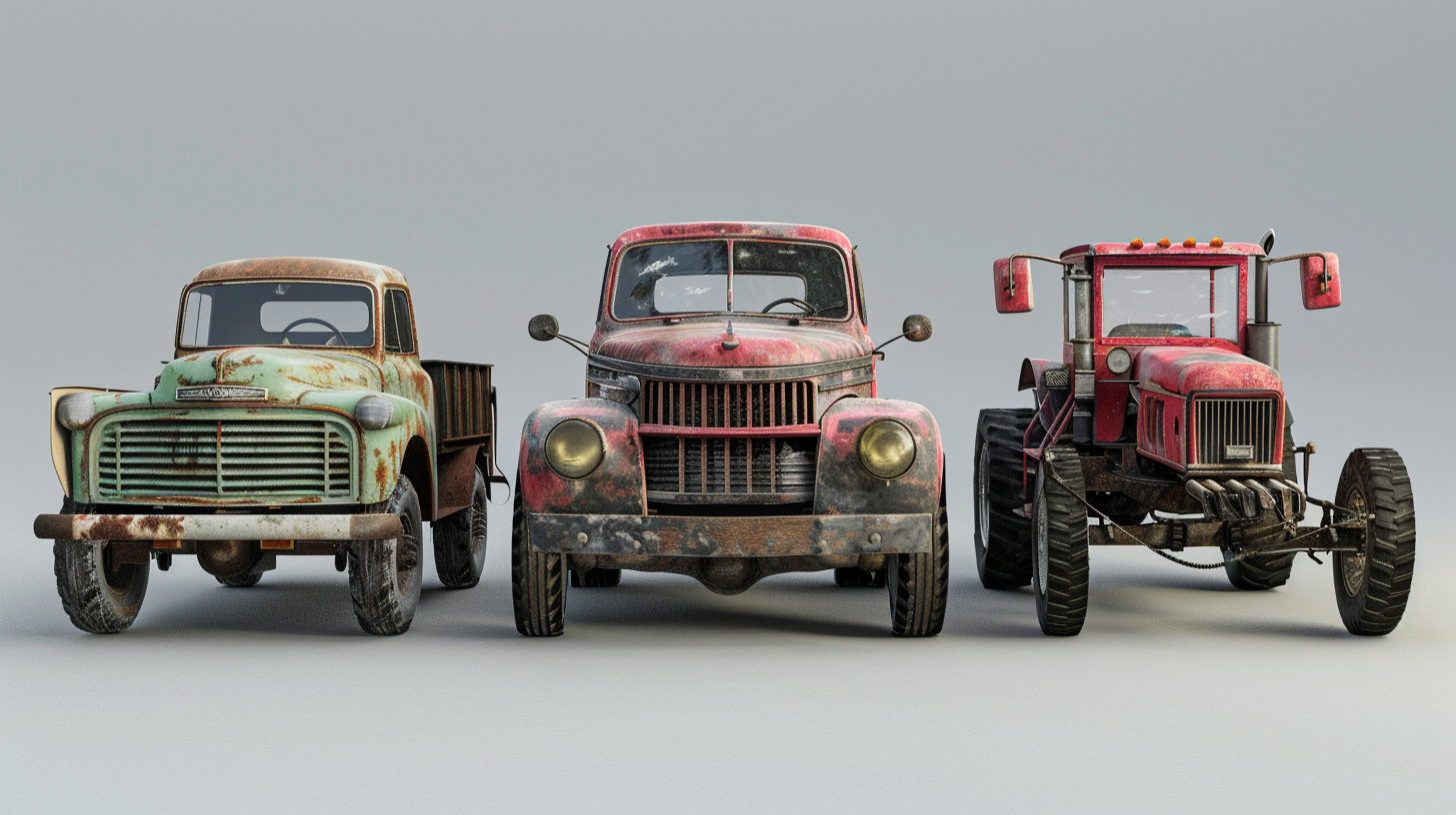 Scene with truck, car, and tractor, different styles.