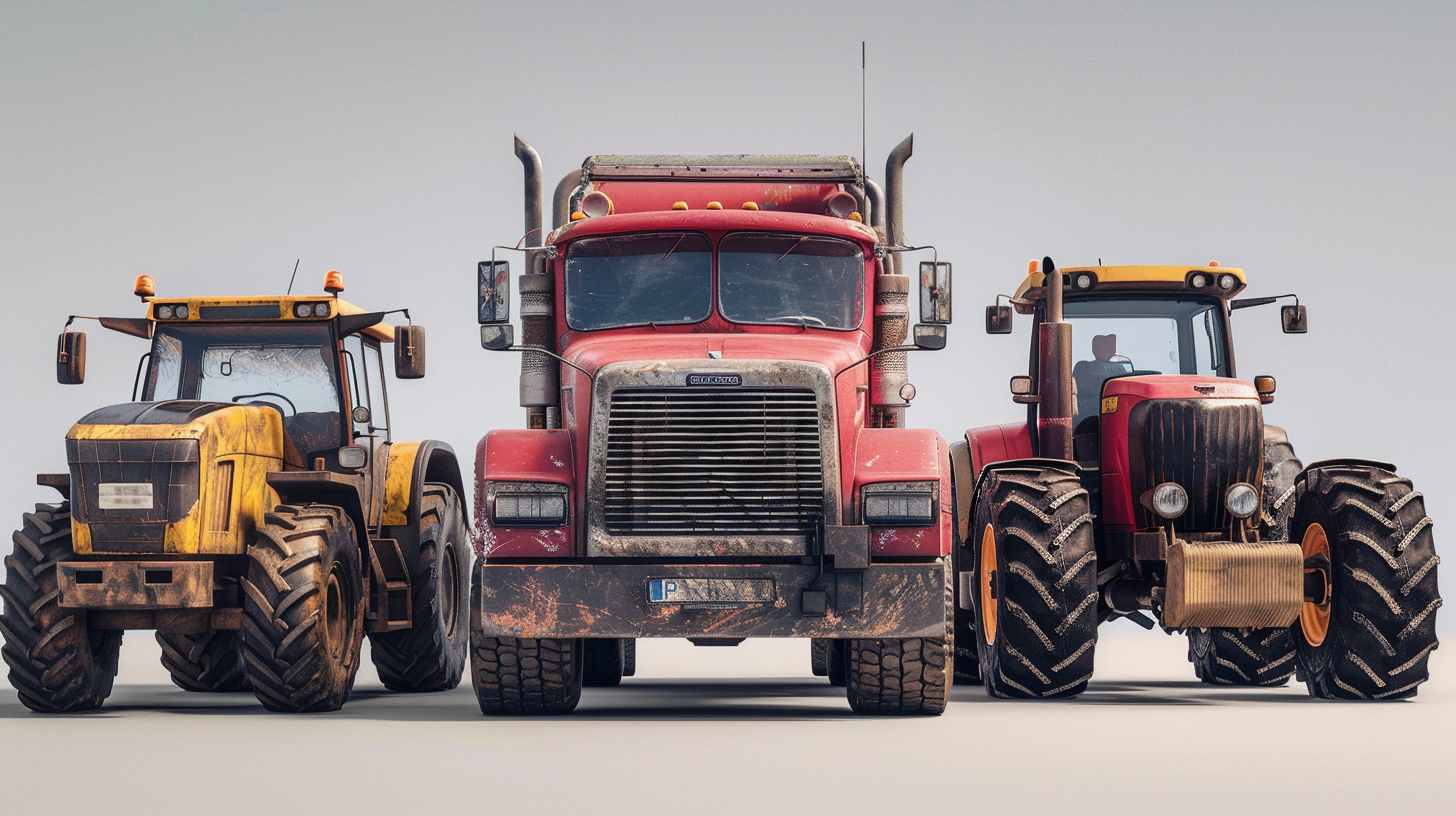 Scene with truck, car, and tractor under shadow.