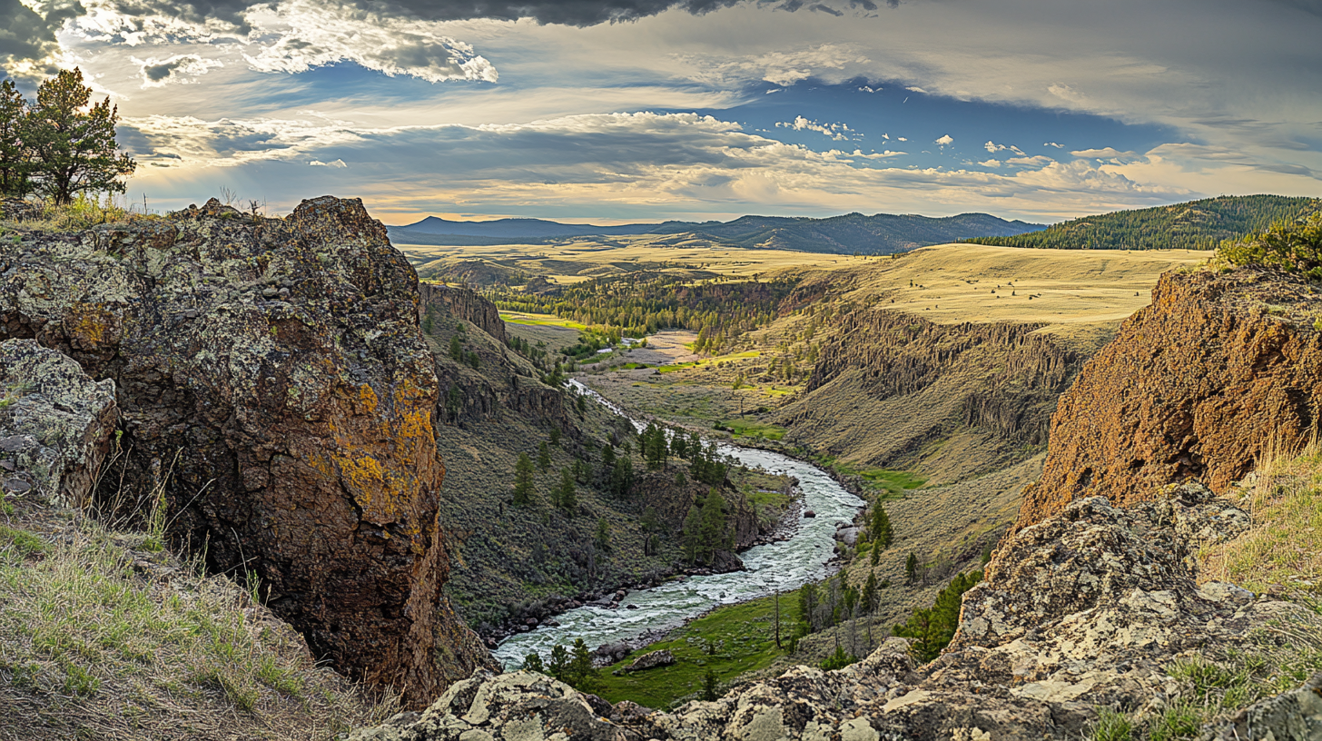 Scenic overlook of lower canyon and Yellowstone River.