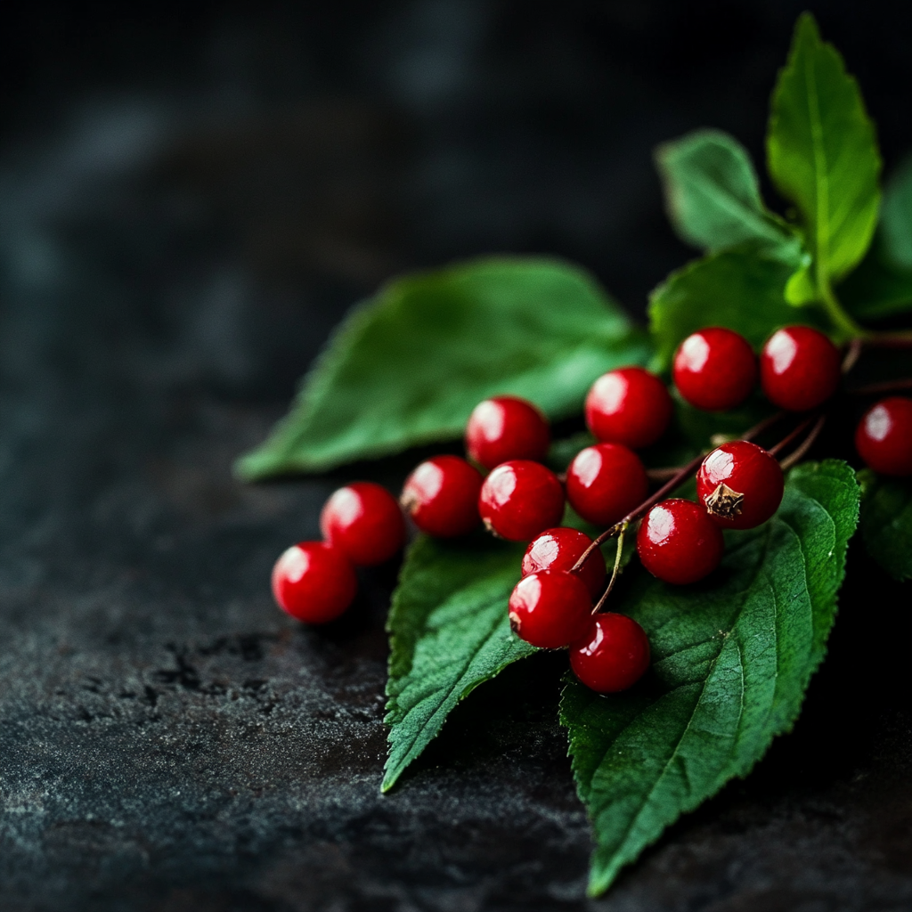 Schisandra berries with green leaves in darkness