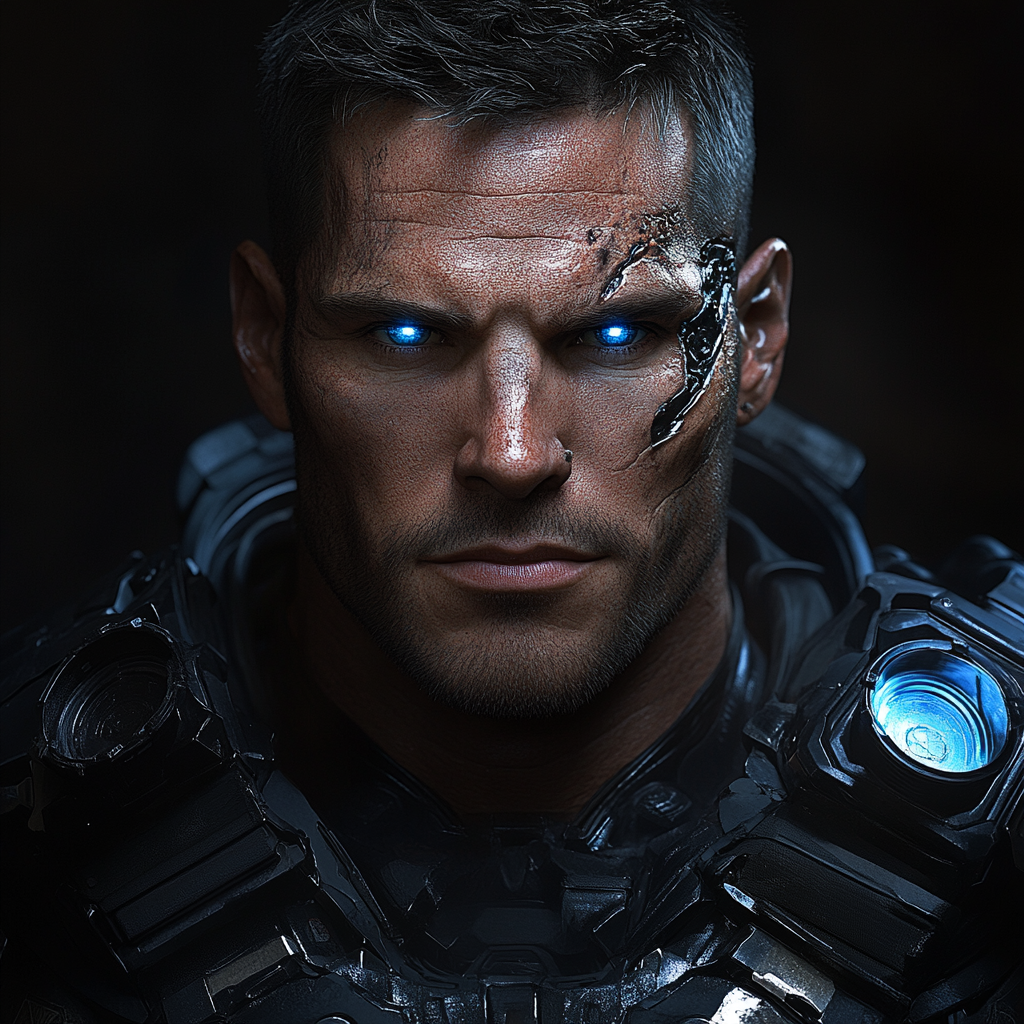 Sci-fi Hero with Blue Eyes and Scars in Dark Clothing - Photograph with Dramatic Lighting