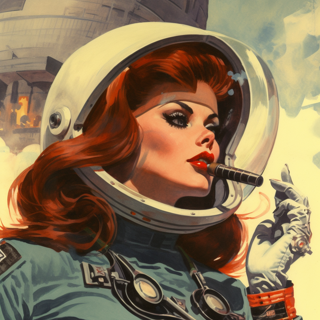 Sci-fi astronaut babe in helmet with red lipstick.