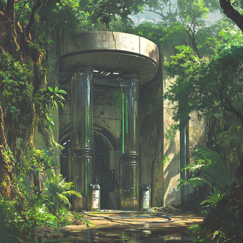 Sci-fi jungle lab with cloning pods and tanks.