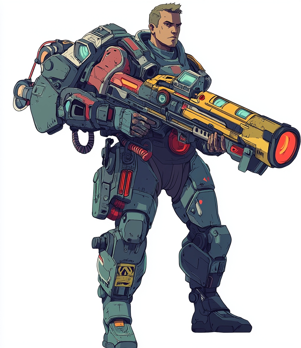 Sci-fi male character holding machine gun in cartoon style.