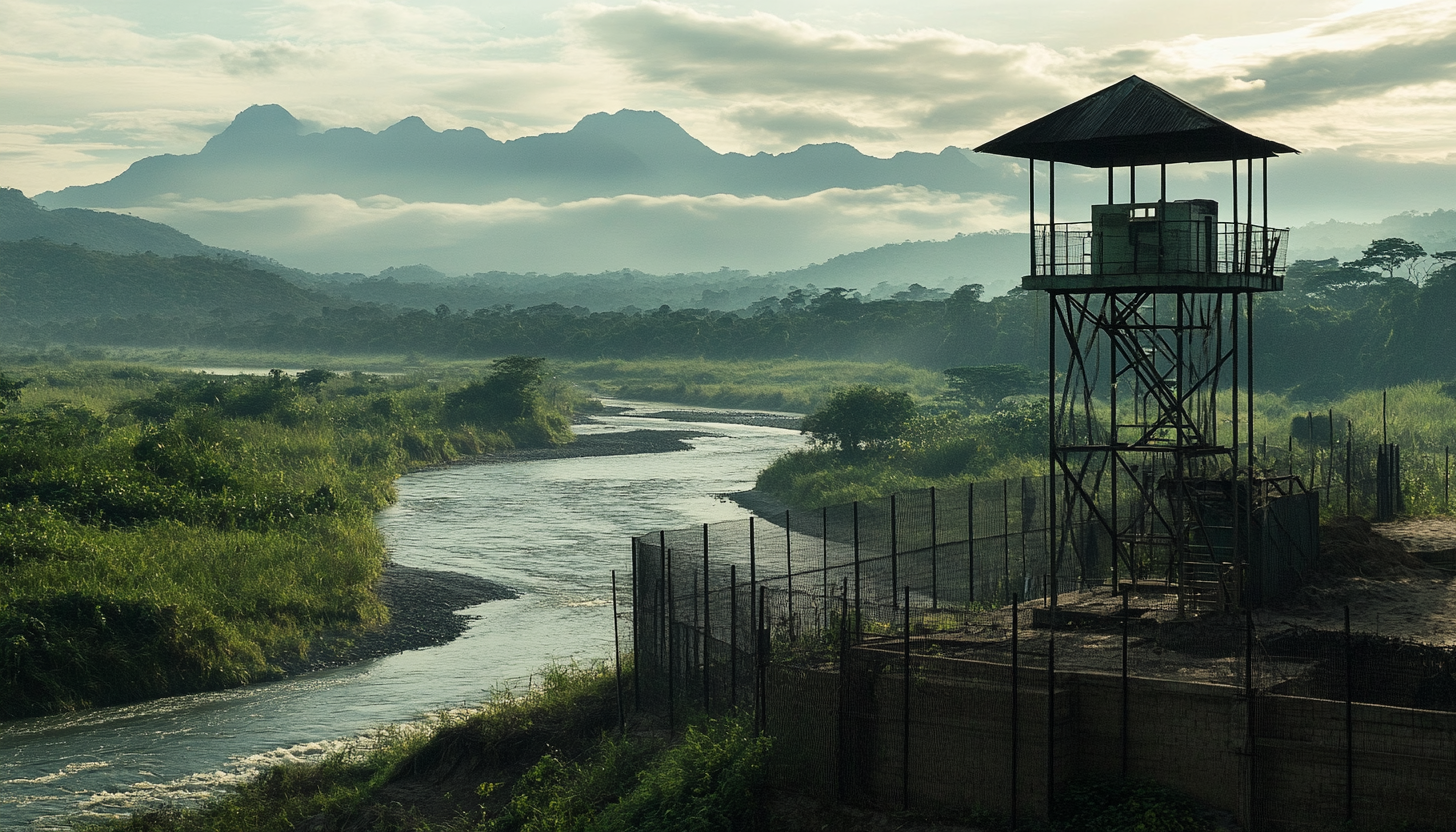 Science outpost in Congo jungle with watch tower.