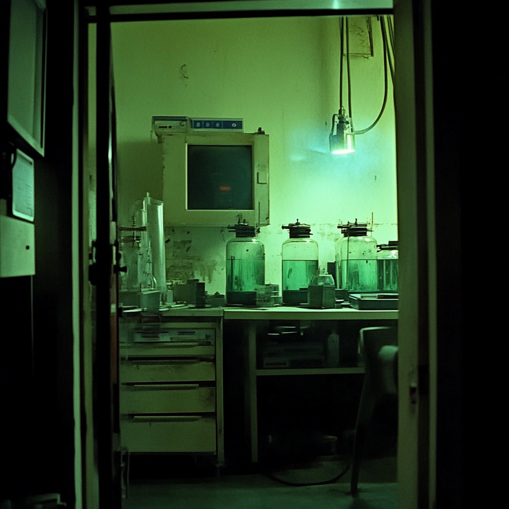 Scientific village lab, green tanks, dark room, no people.