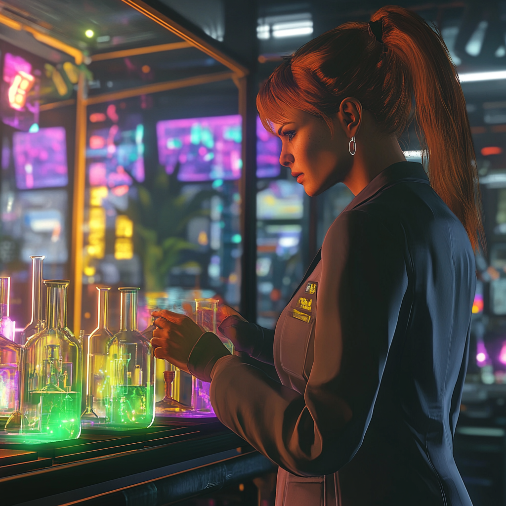 Scientist analyzing chemical reactions in futuristic lab setting.