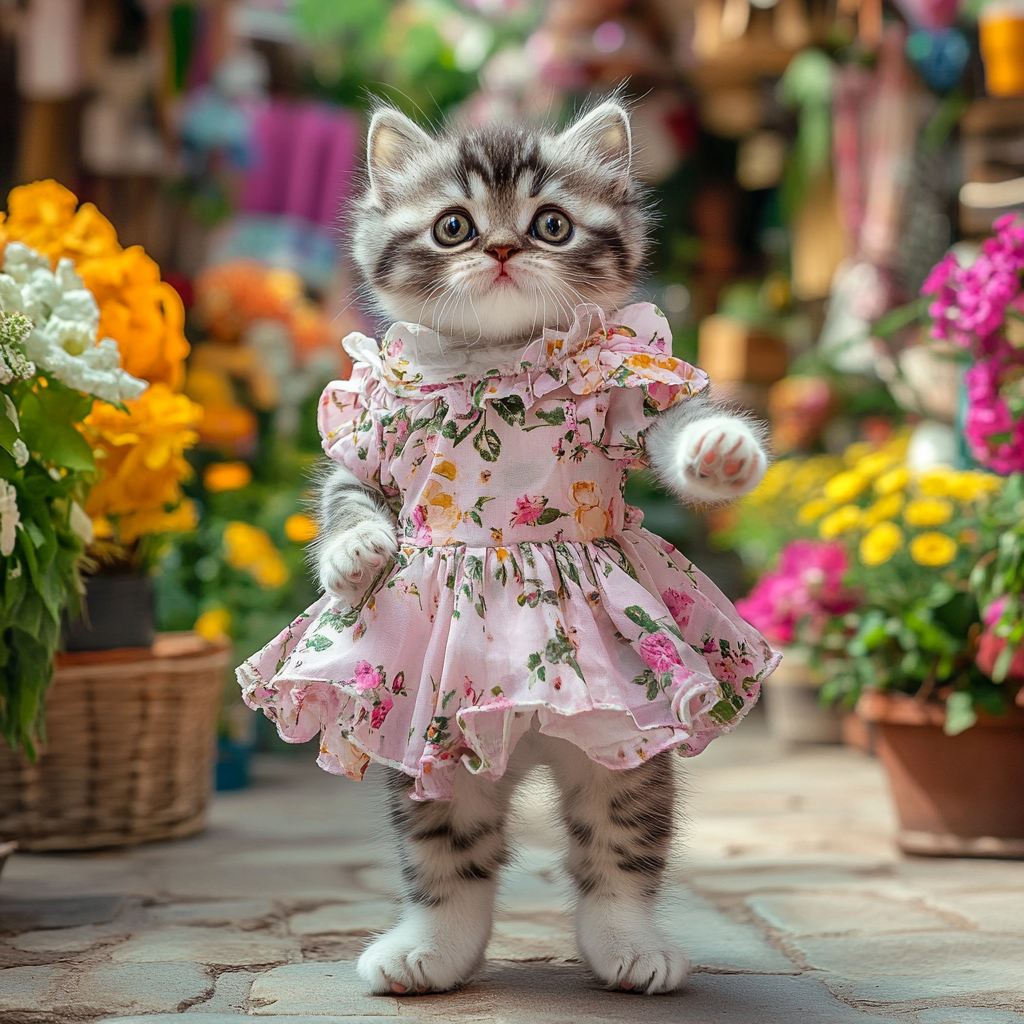 Scottish Fold kitten in feminine outfit on street.