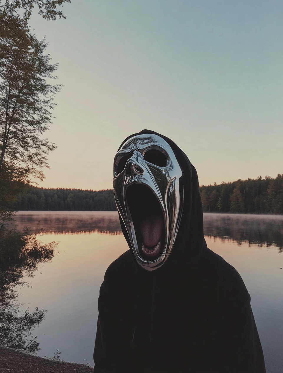 Scream Mask Chrome Woman Black Hoodie Forest Lake