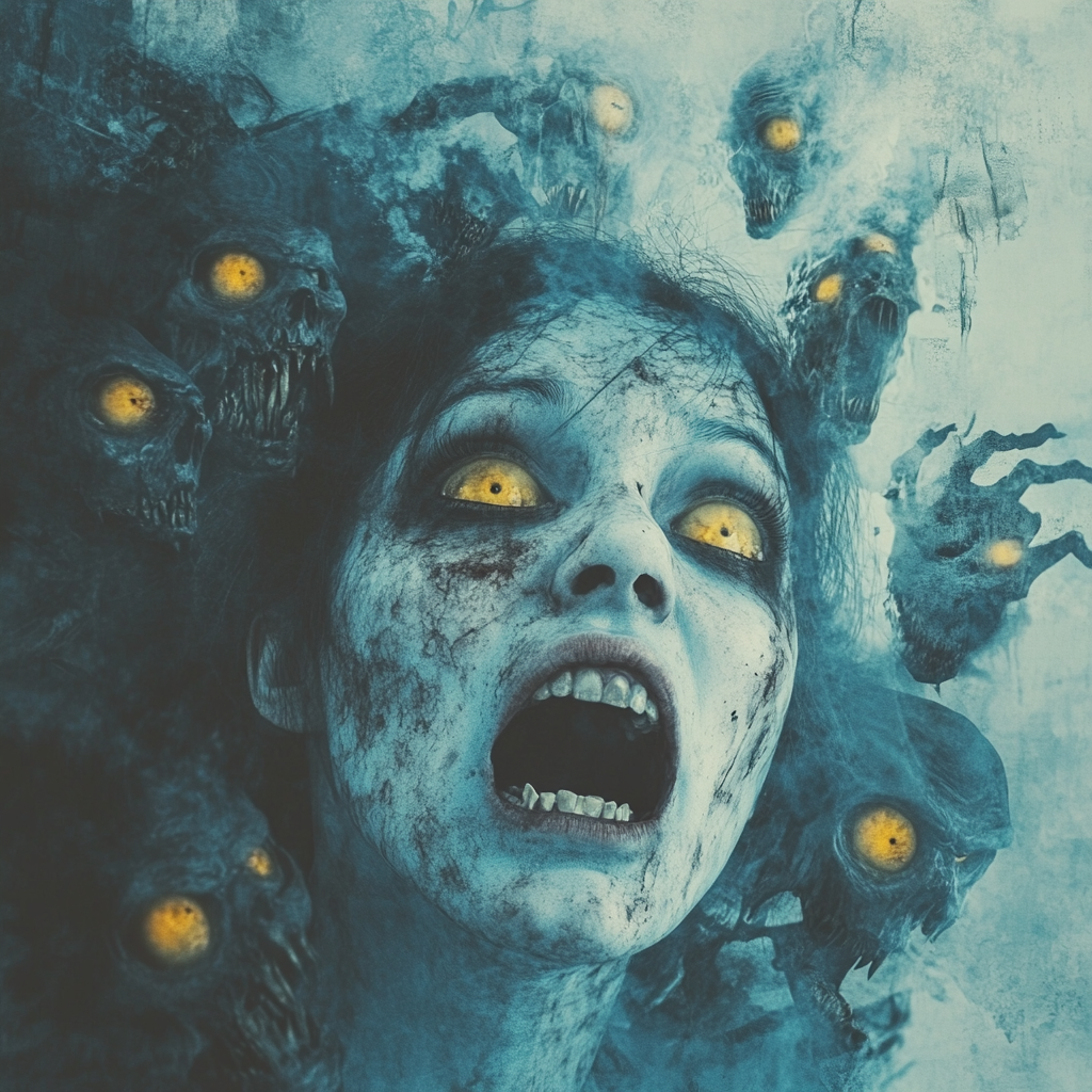 Screaming possessed girl with blue rotting skin.