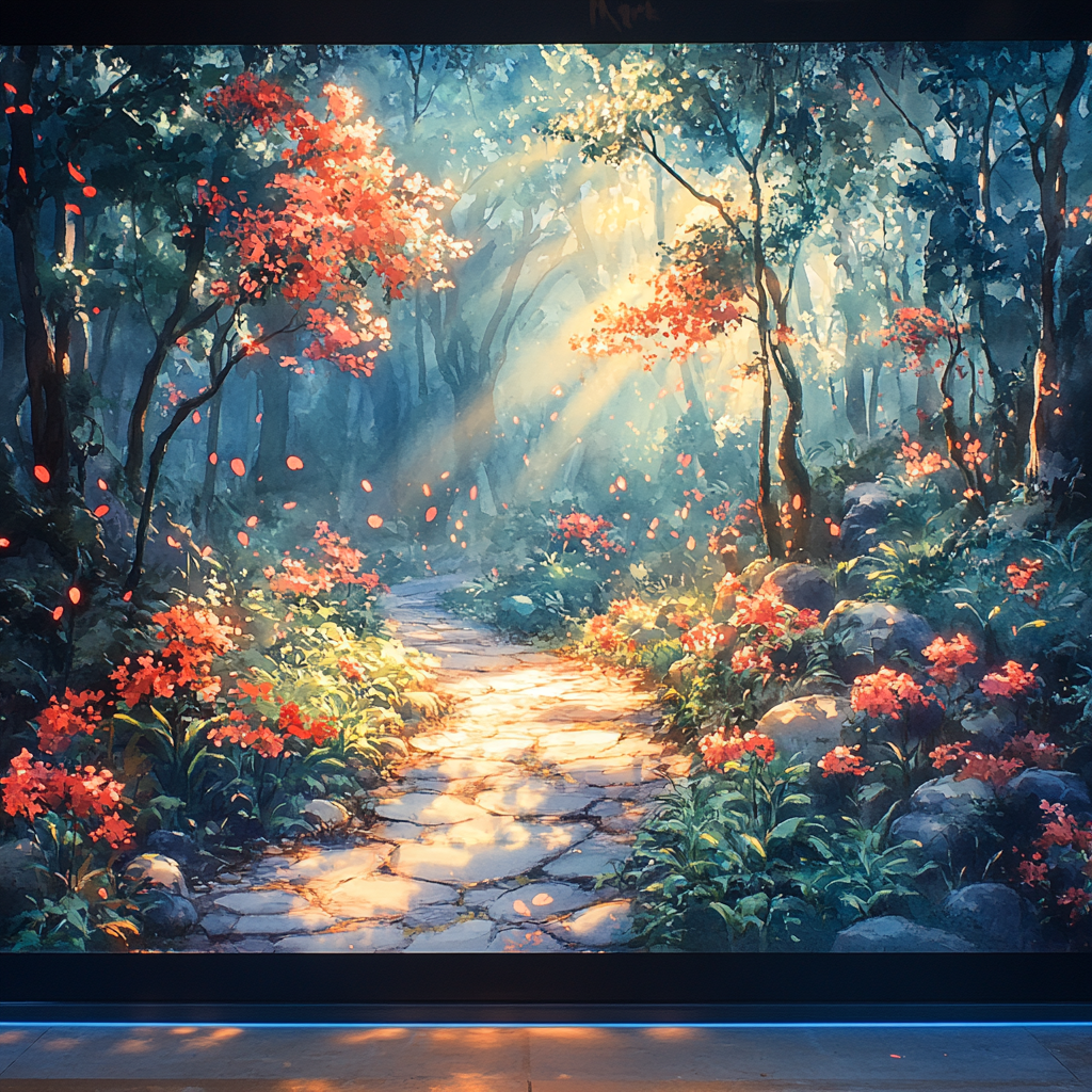 Screen displays nature trail paintings with glowing sunshine.