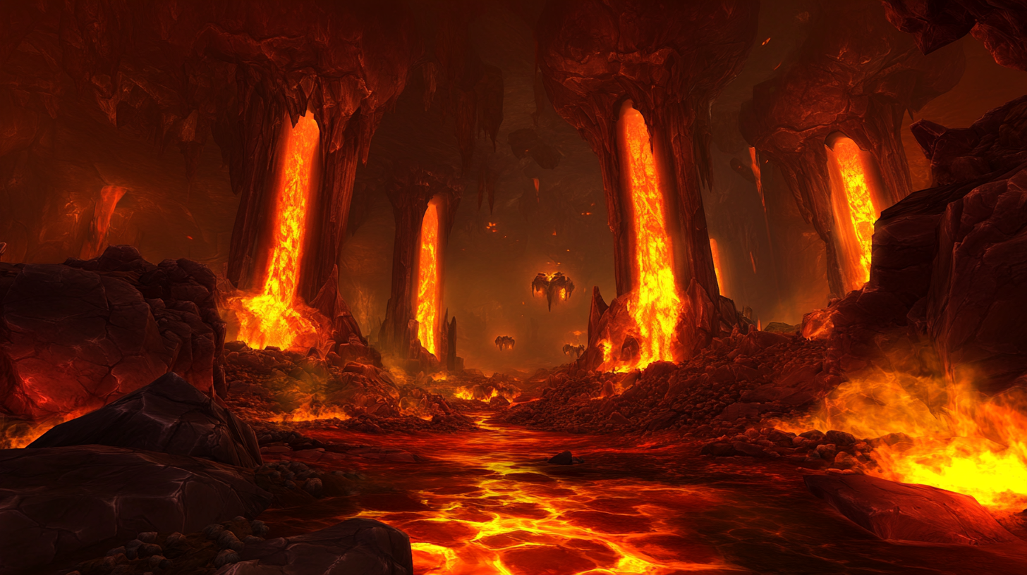 Screenshot of Molten Core caves in World of Warcraft.