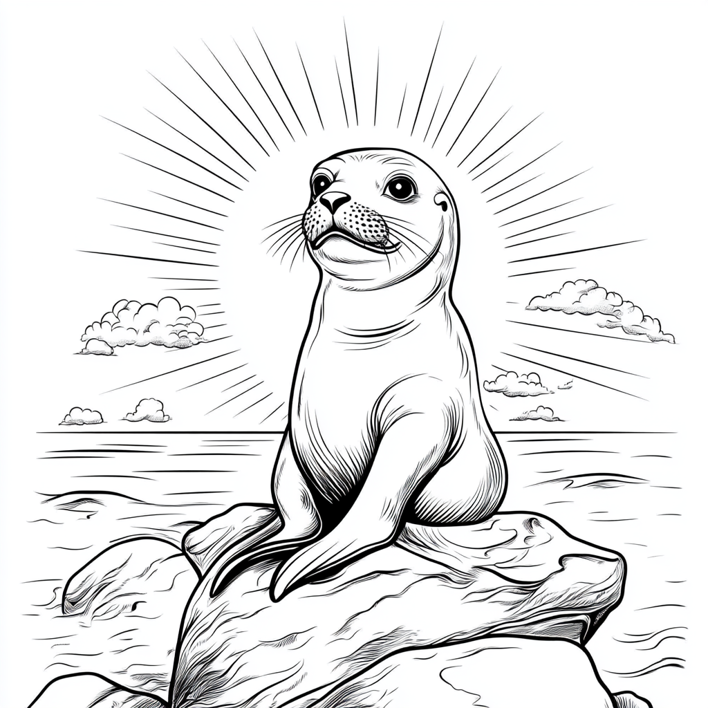 Sea lion design with Disney-like eyes, on rock.