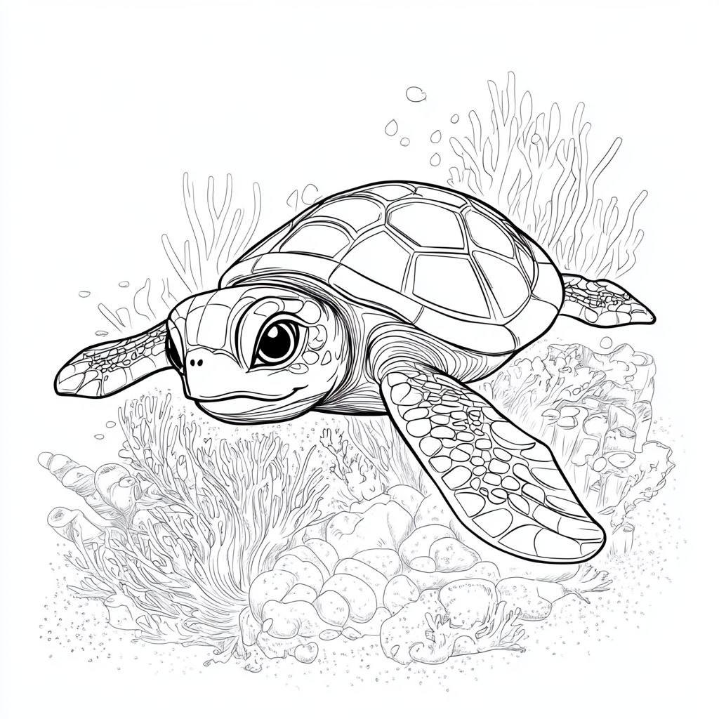 Sea turtle cartoon design, eyes like Disney character.