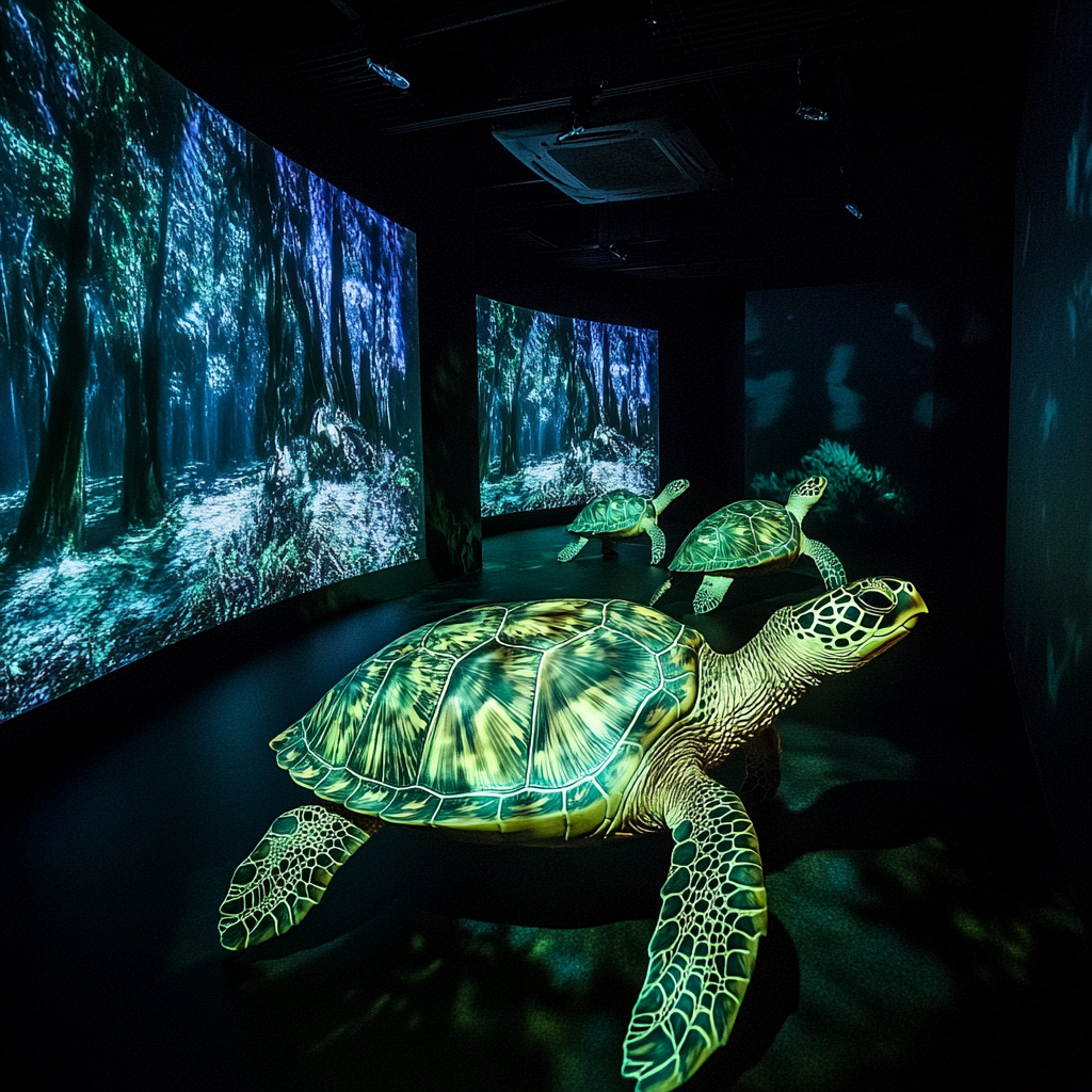 Sea turtles in Michoacán room show ecosystems with projections.