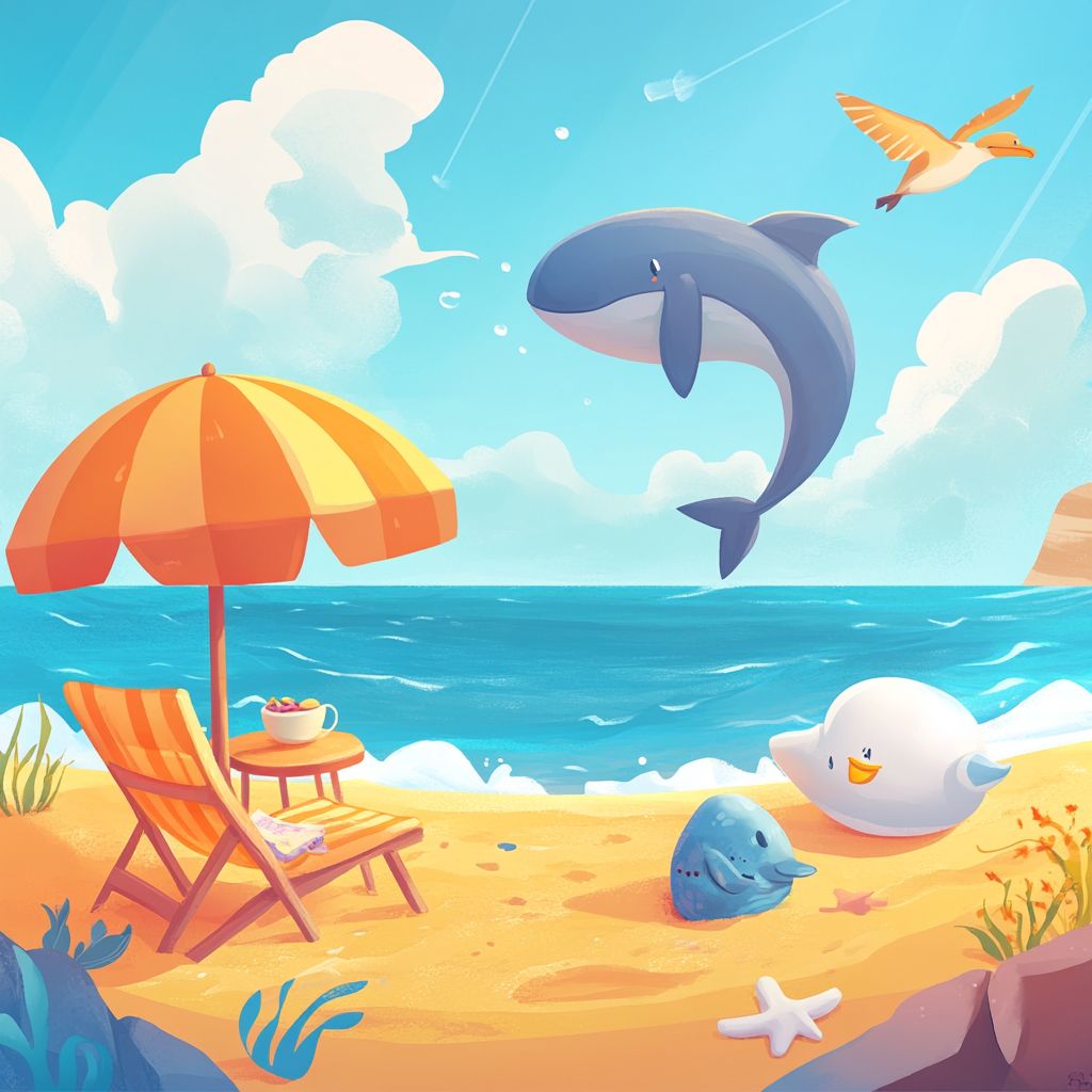 Seagull, whale, beach umbrella, chair, sea creatures cartoon scene.