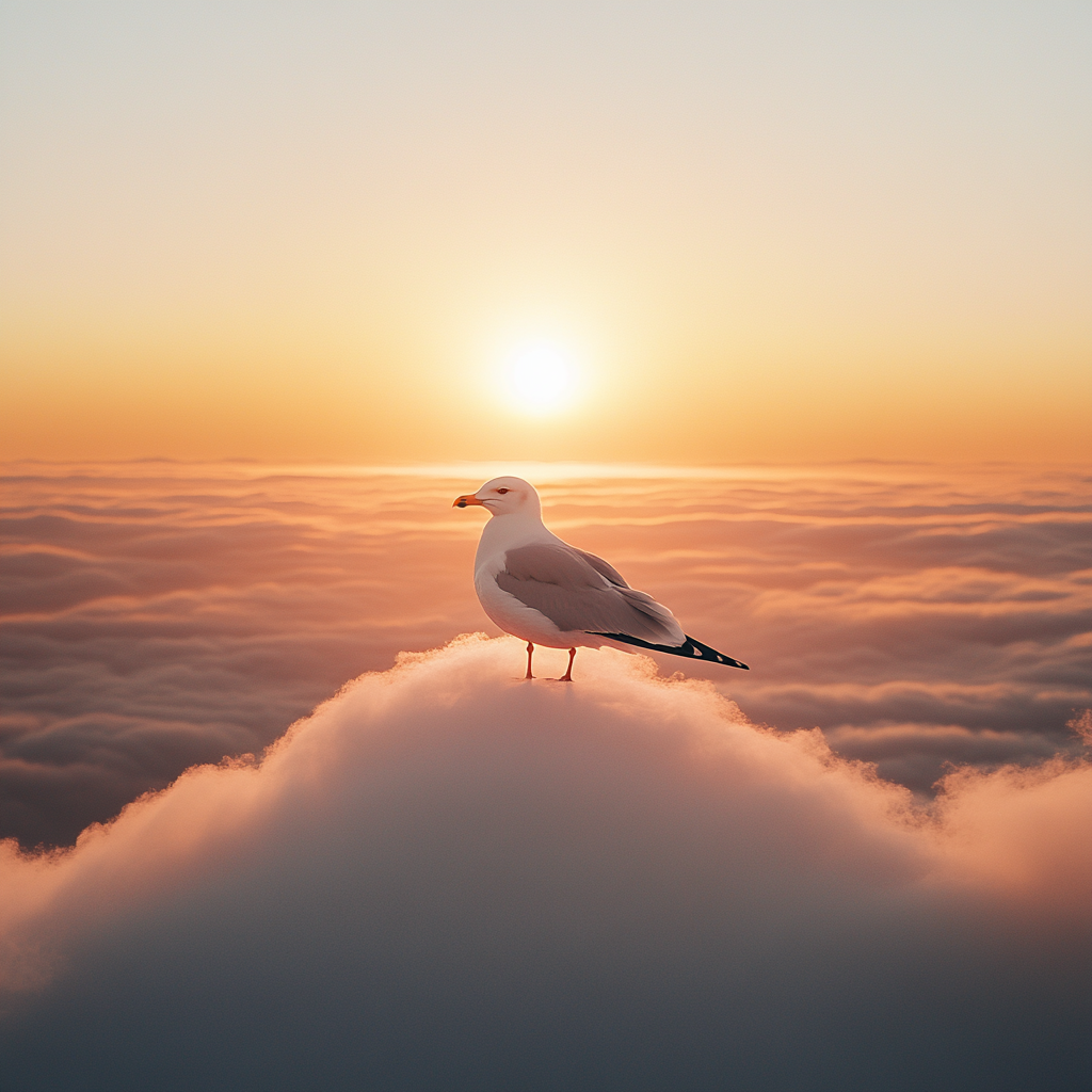 Seagull Surveying Horizon under Surreal Sunset Sky