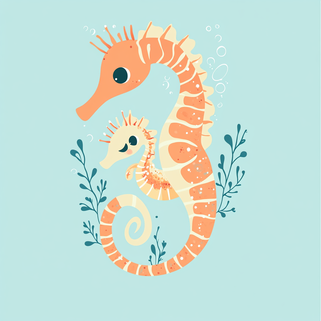 Seahorse mother holding baby with seaweed and bubbles.