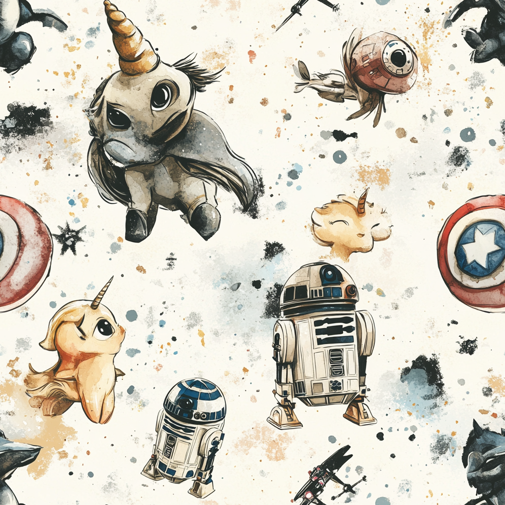 Seamless pattern with Star Wars, unicorns, Marvel characters.