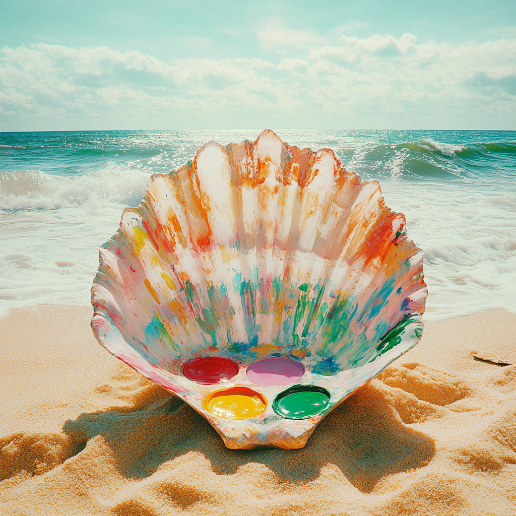 Seashell transformed into watercolor palette on sunny beach.