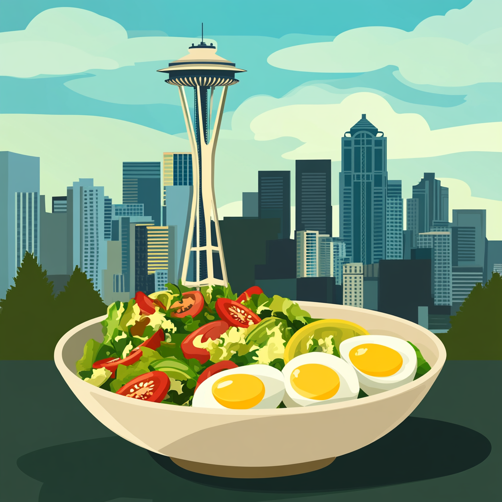 Seattle skyline with Space Needle, salad, eggs. Flat illustration.