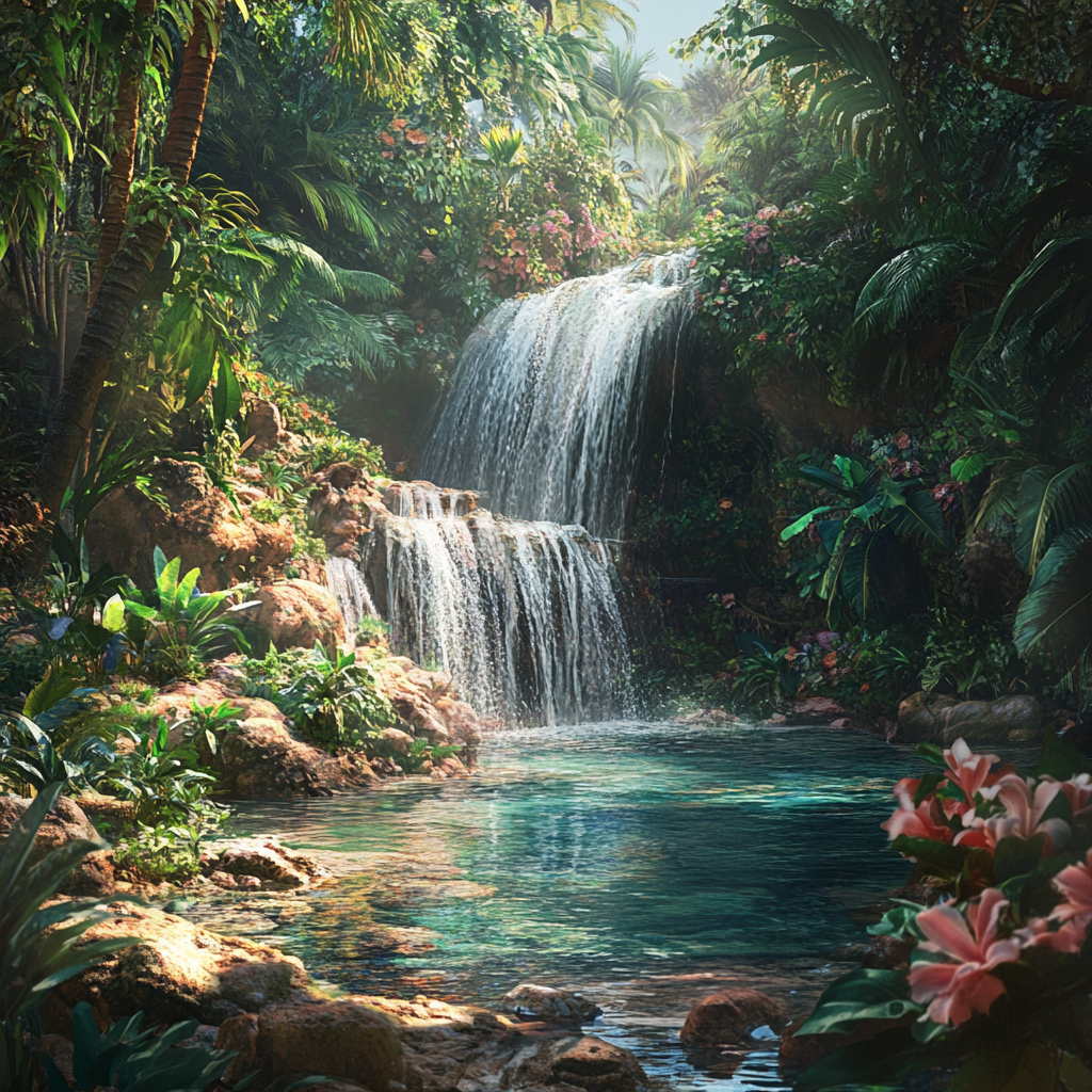 Secluded jungle waterfall with crystal-clear water and lush vegetation