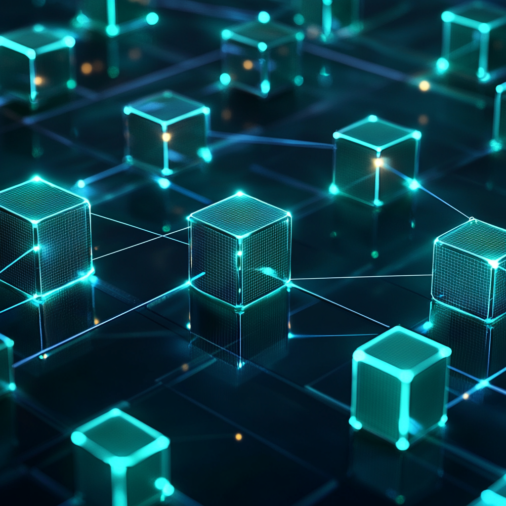 Secure Blockchain Network: Glowing Cubes Connected Intertwining Lines