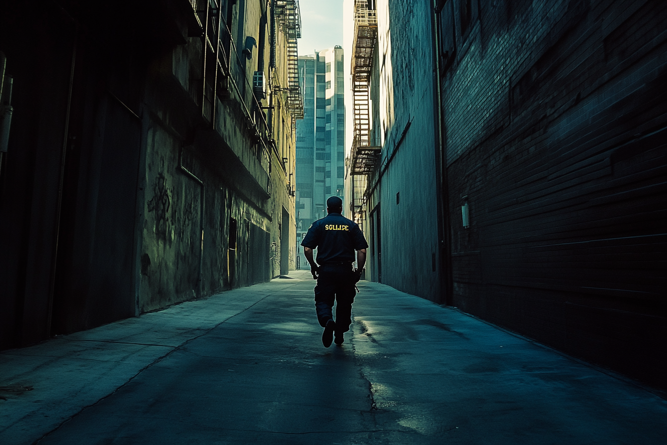 Security guard running in dark LA alleyways, pursued by shadows.