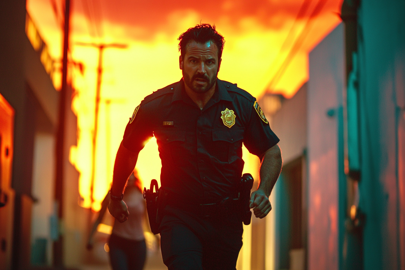 Security guard running through alley, woman's fearful face blurred.