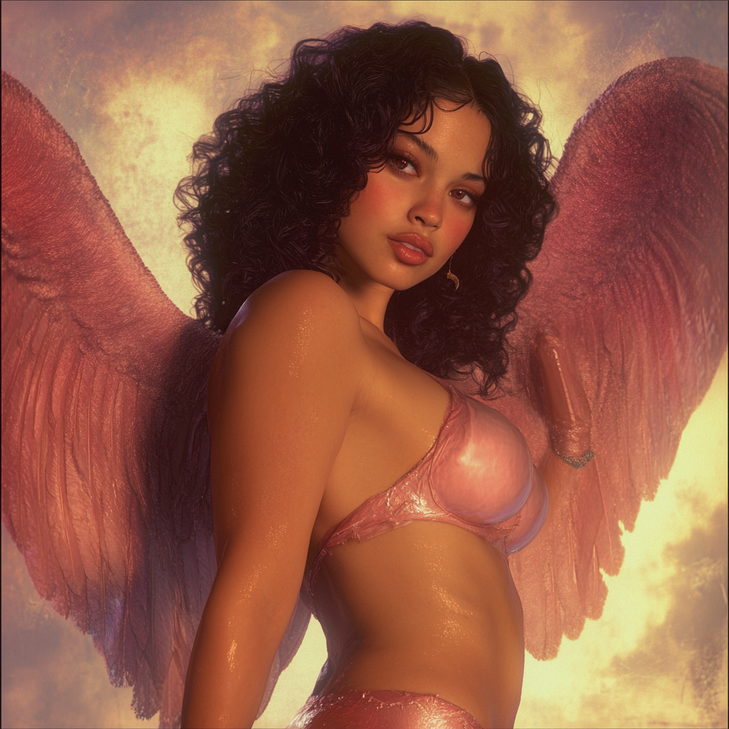 Seductive angel with sharp claws and luminous wings.