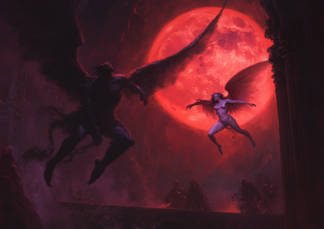 Seductive demon and alluring angel clash under blood-red moon.