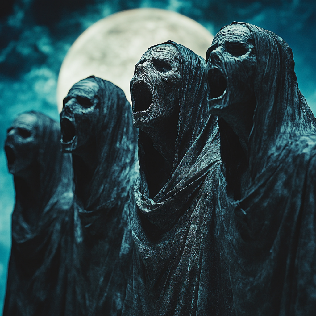 See wide-mouthed zombie monks in surreal eclipse