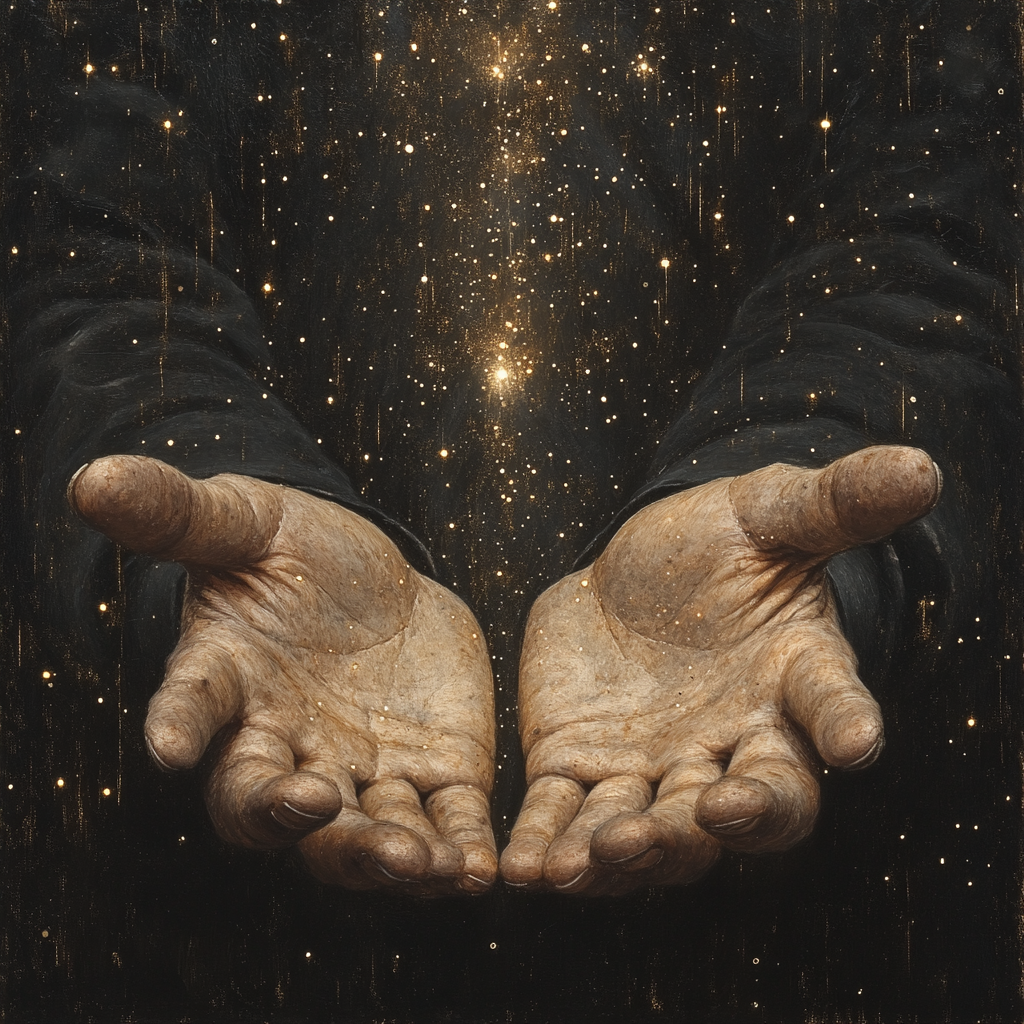 Seeking Guidance: Hands Reaching to Starlit Sky