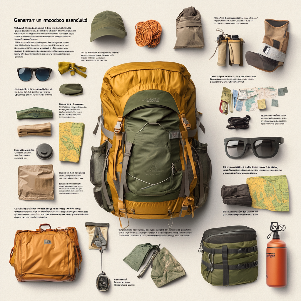 Selection of essential items for a trekking backpack visually.