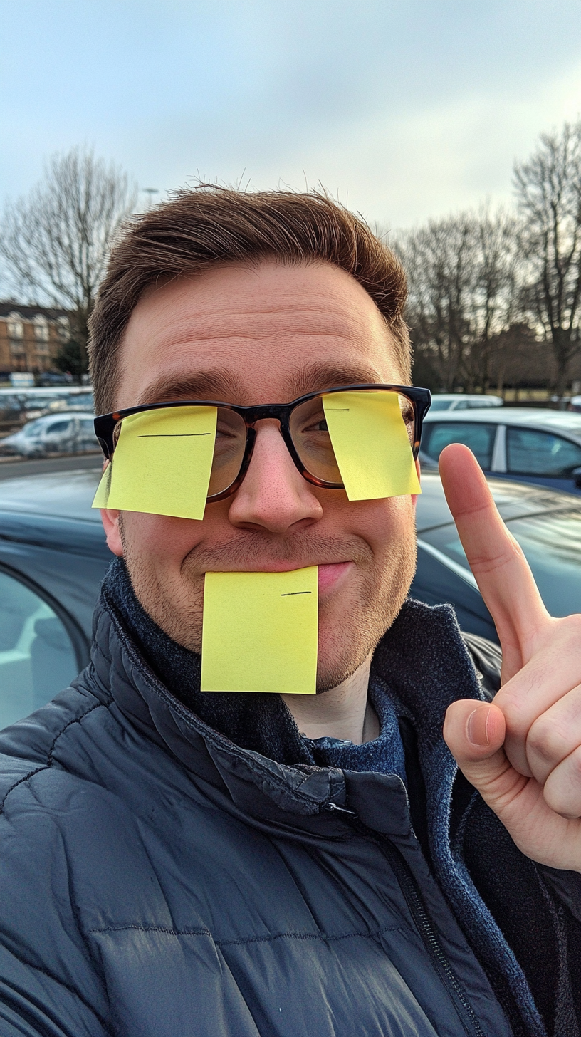 Selfie of British man with post-it notes & car.