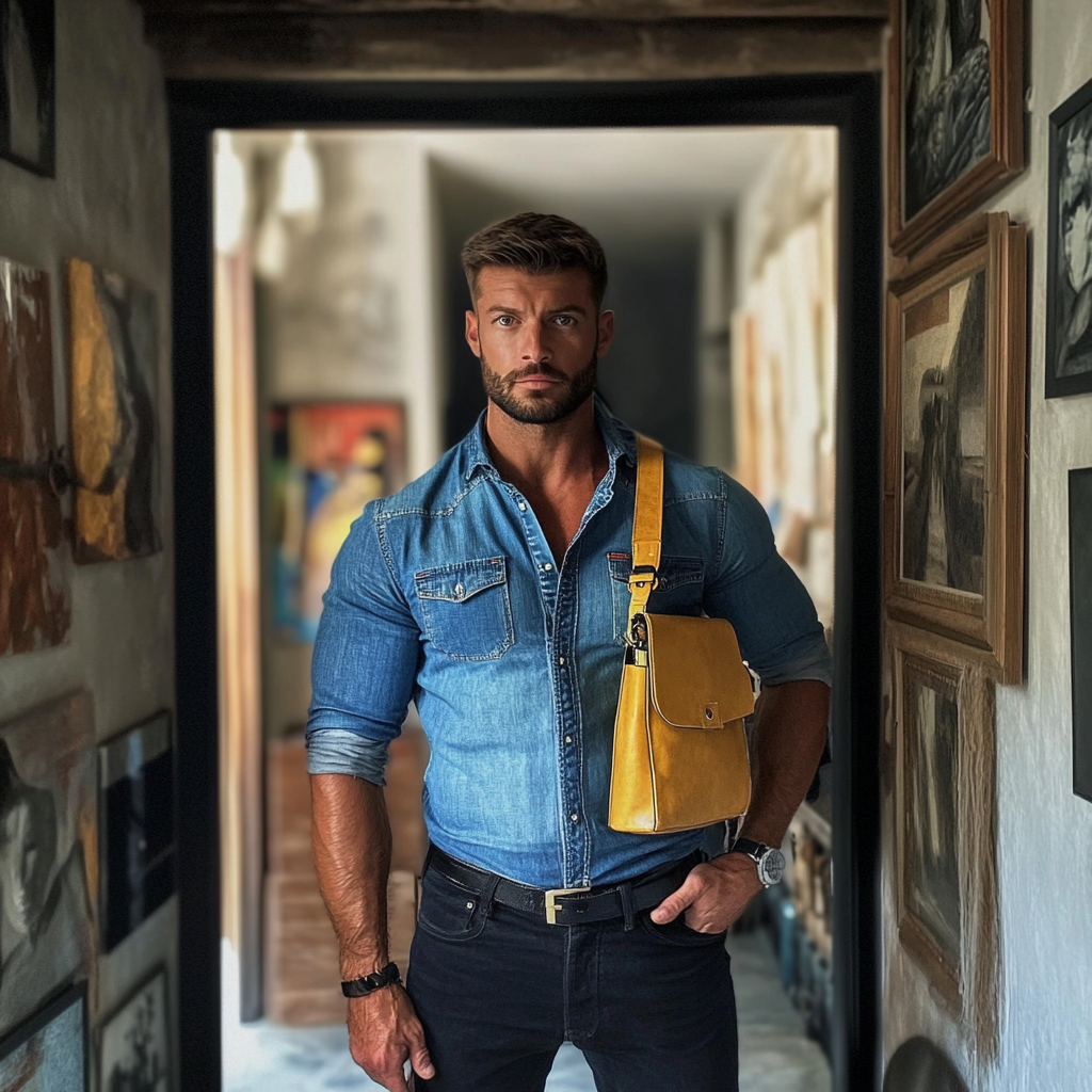 Selfie of slim man in mirror with rustic hallway.