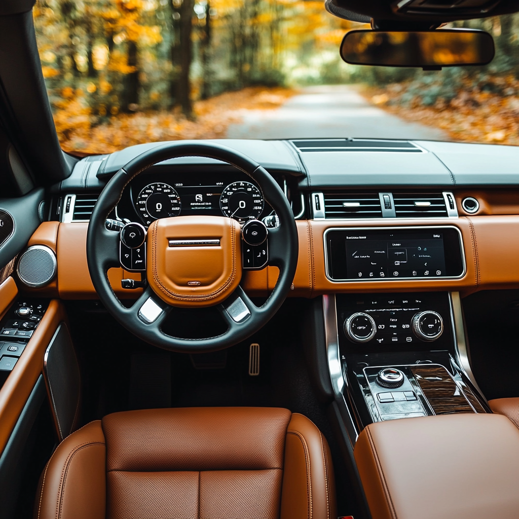 Selfie-style view of Range Rover Sport's interior, rich leather.