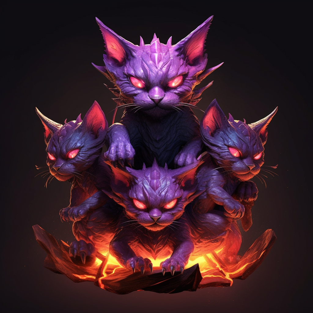 Semi-realistic 3-headed demon cat in hell, purple flames.