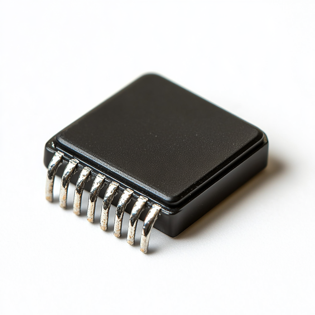 Semiconductor with rectangular body and curved metal leads.