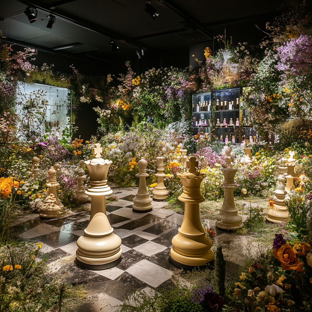 Sensory experience with chess pieces, flowers, and perfume displays.